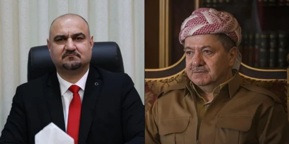 وێنەی مەسعود بارزانی، سەرۆکی پارتی و محەمەد سەمعان، سەرۆکی بەرەی تورکمانی