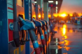 sunset-reflection-on-fuel-pumps-at-a-gas-station-fuel-pumps-stand-illuminated-at-a-gas-station-during-sunset-photo